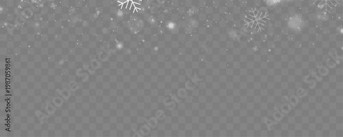 White snow falling softly in abstract winter background. Transparent overlay design for easy editing. Creates festive and calm atmosphere.