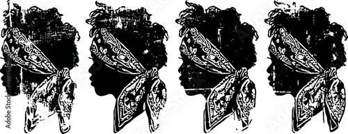 silhouettes of african woman heads with traditional headwraps in black ink repeated pattern