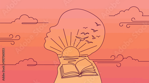 Silhouette of Head with Sunrise, Birds, and Open Book Symbolizing Knowledge and Freedom on Gradient Sky