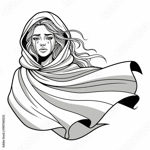 Sad Woman in Hooded Cape Crying, Emotional Distress, Black and White Illustration