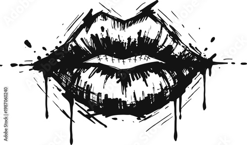 Ink sketch of expressive lips with paint splatters and dripping ink effect in black and white
