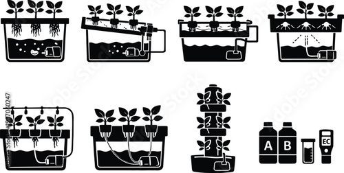 Hydroponic and Aeroponic Indoor Farming System Icon Set