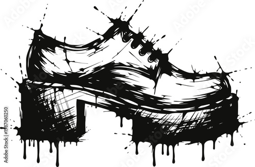 Black ink platform shoe illustration with splatter and grunge style, fashion design element, edgy artistic footwear sketch