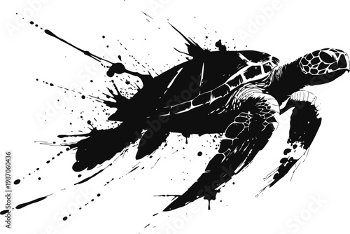Sea turtle swimming underwater with ink splatter artistic effect in black and white design
