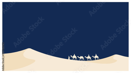 Caravan of Camels on Sand Dunes Under a Dark Blue Sky