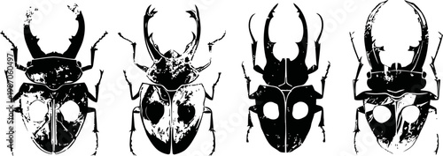 four black silhouette stag beetles with large antler like mandibles isolated on white background