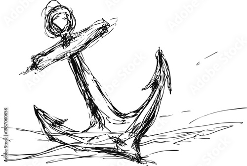 Hand drawn anchor sketch on white background nautical maritime symbol illustration with rough lines and artistic