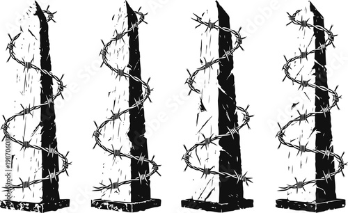 Barbed wire wrapped around four stone obelisks, illustrating security and restriction themes