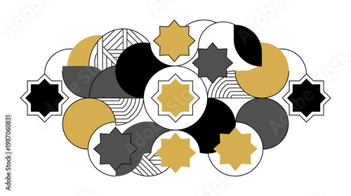 Islamic Geometric Stars & Circles Pattern, Muharram, Abstract, Gold and Black, Flat Design