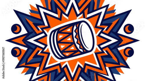 Geometric Starburst Drum with Crescent Moon Accents, Festive Celebration Spirit, Modern Graphic Design