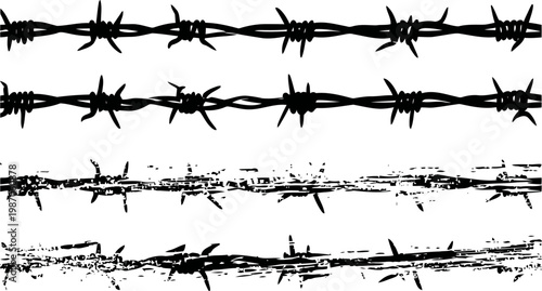 Various barbed wire patterns in black silhouette, sharp thorny metal fences with different distressed and clean styles