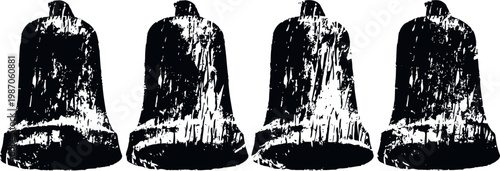 four vintage metal bells in a rustic black silhouette style, isolated on white background