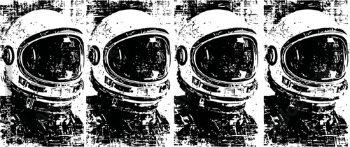 Four identical vintage astronaut helmets arranged in a row on a white background