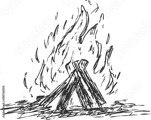 Campfire burning wood logs with crackling flames outdoor camping night fire illustration