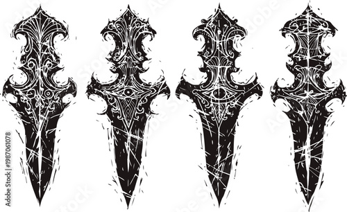 gothic ornate dagger blades set vintage fantasy medieval weapon collection with intricate decorative patterns