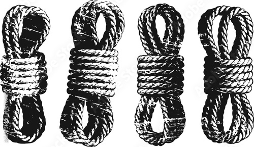 Four detailed vintage coiled rope illustrations with loops and knots in black and white engraving