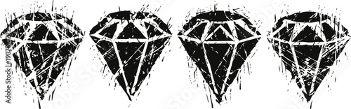 set of four distressed black diamond shapes with rough texture on white background