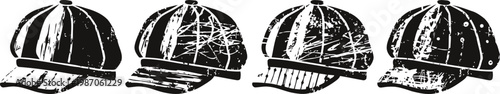 Set of four black and white vintage baseball caps with different crown and brim styles