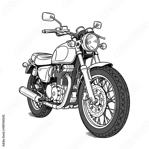 Retro Motorcycle Drawing - Classic Cafe Racer Style, Black and White Ink Sketch
