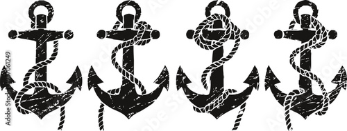 Set of vintage anchors wrapped with nautical rope maritime marine symbols in black silhouette