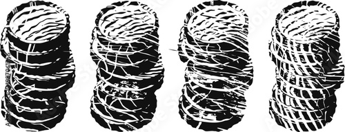 four rustic wooden tree slice stacks with textured bark and natural rings in monochrome