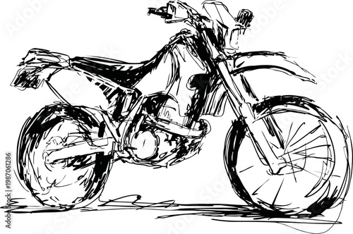 hand drawn dirt bike sketch in dynamic black ink lines, off road motorcycle drawing art