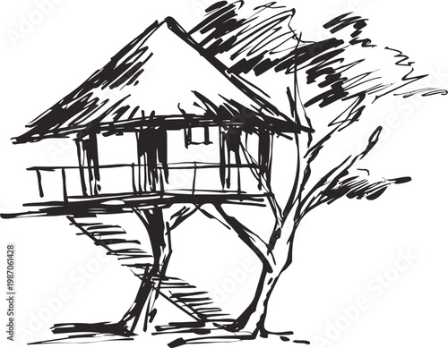 Hand drawn sketch of a treehouse with stairs, a thatched roof, and surrounding tree branches