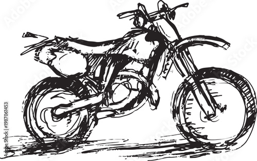 Sketch of a dirt bike motorcycle off road vehicle drawing, hand drawn black ink illustration