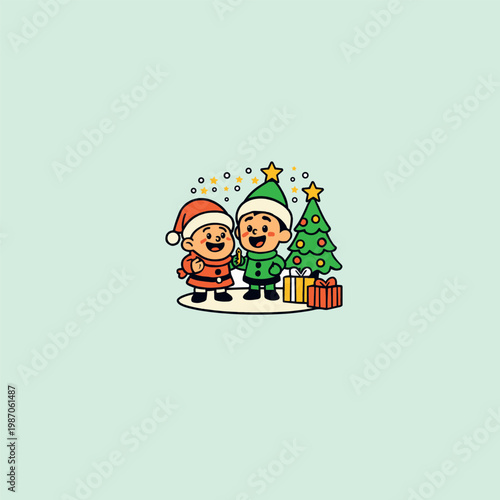 Cute Cartoon Children Dressed as Santa and Elf Celebrating Christmas with Tree and Gifts Illustration Vector