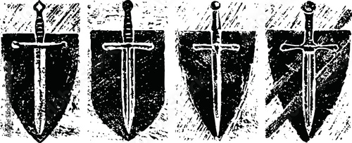 Four medieval swords piercing shields, vintage black and white woodcut illustration