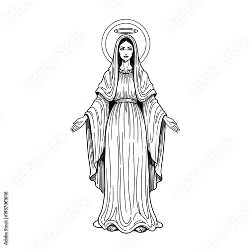 Illustration of Virgin Mary with Halo, Religious Iconography, Black and White Line Art