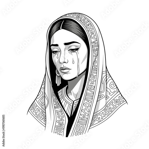 Sad Woman Crying Tears, Wearing Headscarf with Ornate Pattern, Black and White Portrait