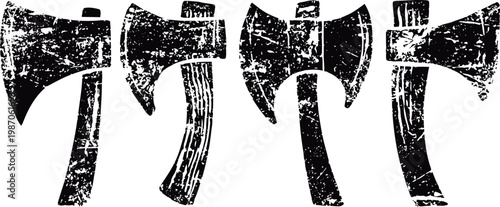 Vintage grunge axes silhouettes set of four old fashioned woodcut hatchets with worn texture and wooden handles