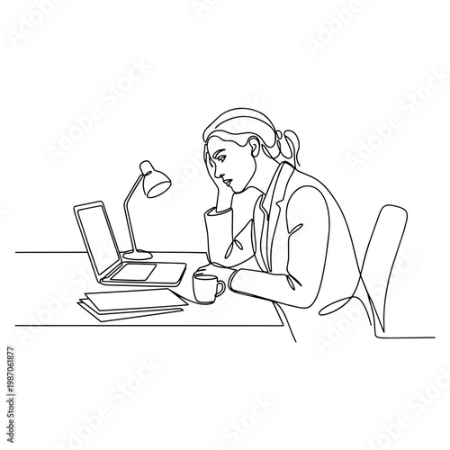 Businesswoman working at a desk. Continuous line art illustration. Minimalist vector graphic isolated on white background