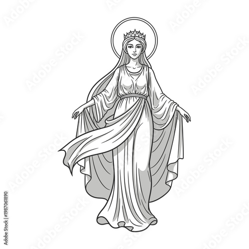 Elegant Virgin Mary Icon, Crowned Queen of Heaven, Halo, Flowing Robes, Religious Art