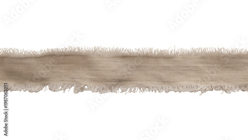 Bilde på lerret Frayed edge beige linen ribbon with fringed texture, isolated on transparent bac