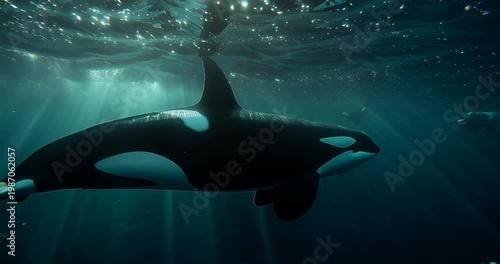 Orca whale swimming underwater in the ocean with light rays penetrating the water surface.