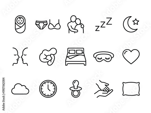 Pregnancy and newborn baby care icon set featuring elements like a swaddled infant maternity wear breastfeeding sleep symbols bed pacifier pregnancy maternity motherhood breastfeeding pacifier