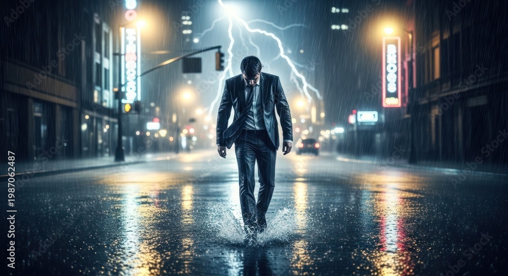 Obraz premium Man in Suit Walking in Rain with Lightning in City.