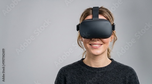 Ultra-realistic portrait of a person wearing a virtual reality headset isolated on neutral background, soft studio lighting, clean composition with copy space, sharp focus