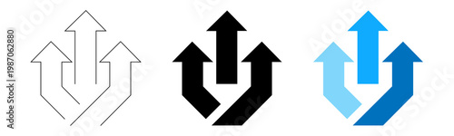Foto Three splitting arrows icons in outline solid black and blue gradient styles for decision making concepts on transparent background