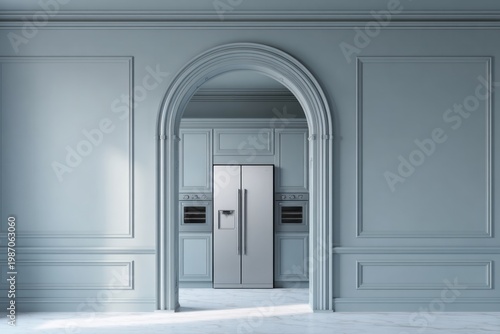 Archway reveals a modern kitchen with stainless steel appliances.