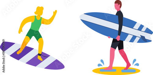 Surfing Activity Set with Surfers Riding Waves and Carrying Surfboards, Summer Beach Sport, Ocean Adventure and Water Lifestyle Vector Illustration