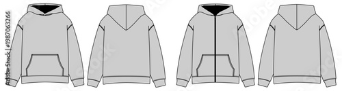 Zip up hoodie technical fashion flat sketch, front and back view, casual apparel design template garment outline vector