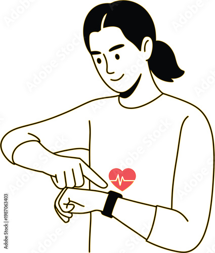 Smartwatch health tracking illustration, line art vector of person checking wearable device with heart rate monitoring minimal design white background