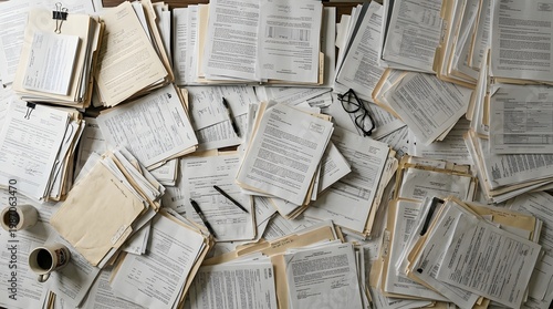 Scattered documents papers pens and glasses on table in bright room representing administrative tasks and information overload concept.