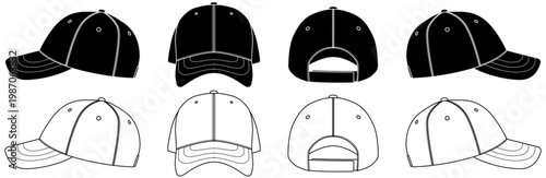 Baseball Cap Vector Set – Black and White Snapback Hat Collection in Multiple Views (Front, Side, Back)