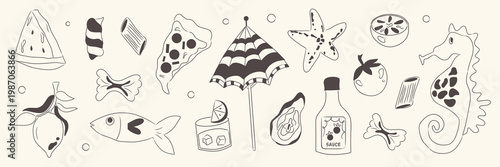Set of summer stickers. Tropical vacation icons. Seasonal elements collection. Fruits, pizza, lemon, fish, umbrella, pasta, oyster, juice, watermelon, tomato, starfish, seahorse, beach accessories.