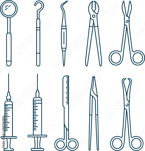 Medical dental tools icons set, line art vector of syringe scalpel forceps scissors probe mirror minimal design isolated on white