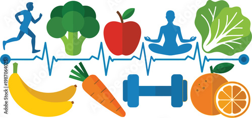 Health fitness illustration, vector of workout yoga running with fruits vegetables and heartbeat EKG wellness concept minimal flat design